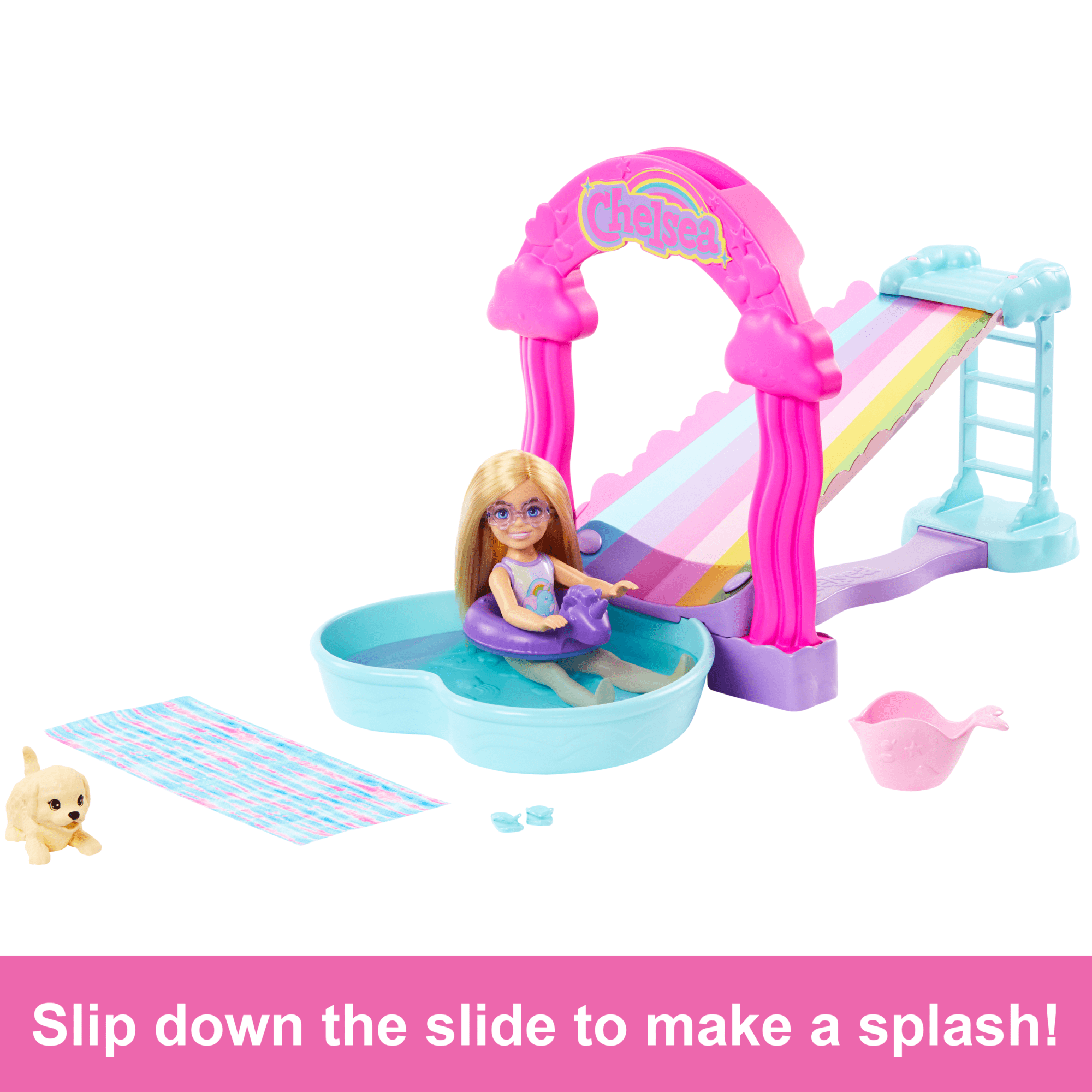 Barbie Chelsea Rainbow “Raining” Water Slide Toy Playset With Doll, Pup, & Accessories
