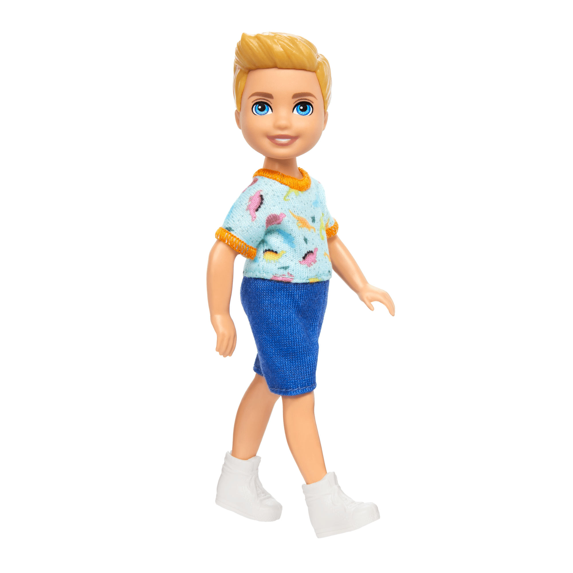 Barbie Chelsea Doll, Small Boy Doll Wearing Removable One-Piece With Dino Print, Blond Hair & Blue Eyes