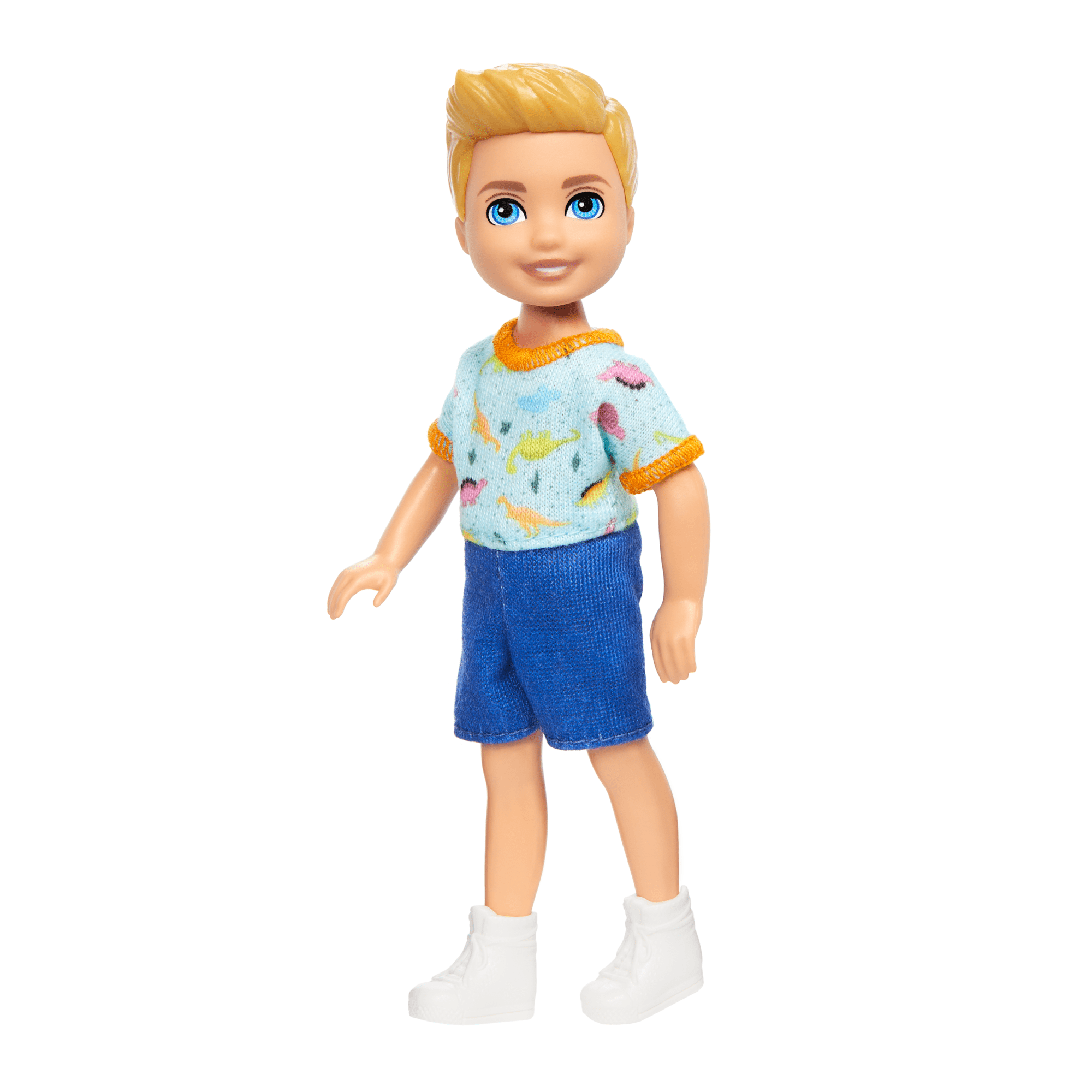 Barbie Chelsea Doll, Small Boy Doll Wearing Removable One-Piece With Dino Print, Blond Hair & Blue Eyes