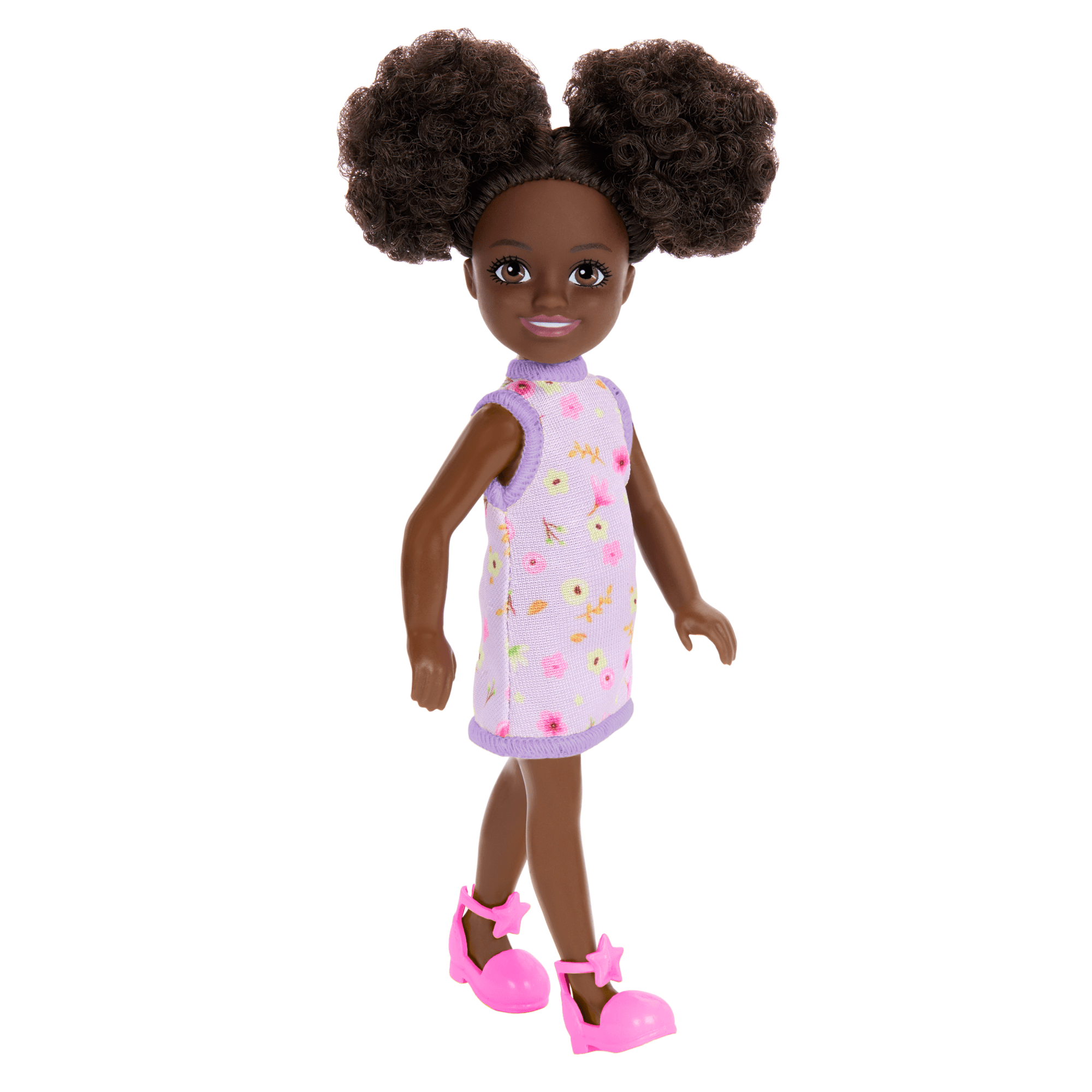 Barbie Chelsea Doll, Small Doll Wearing Removable Purple Floral Dress With Space Buns & Brown Eyes