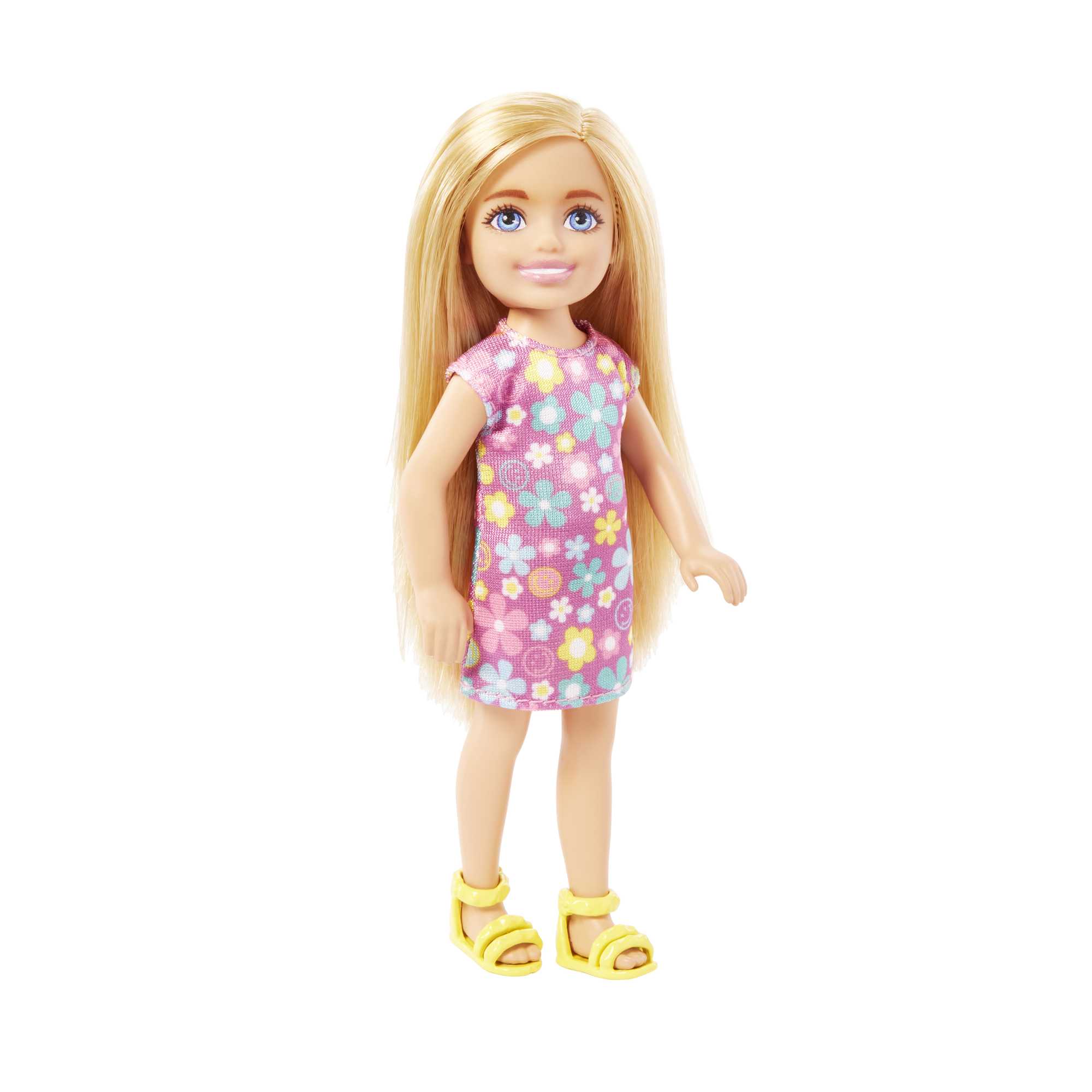 Barbie Chelsea Doll, Small Doll Wearing Purple Flowered Dress With Blond Hair & Blue Eyes