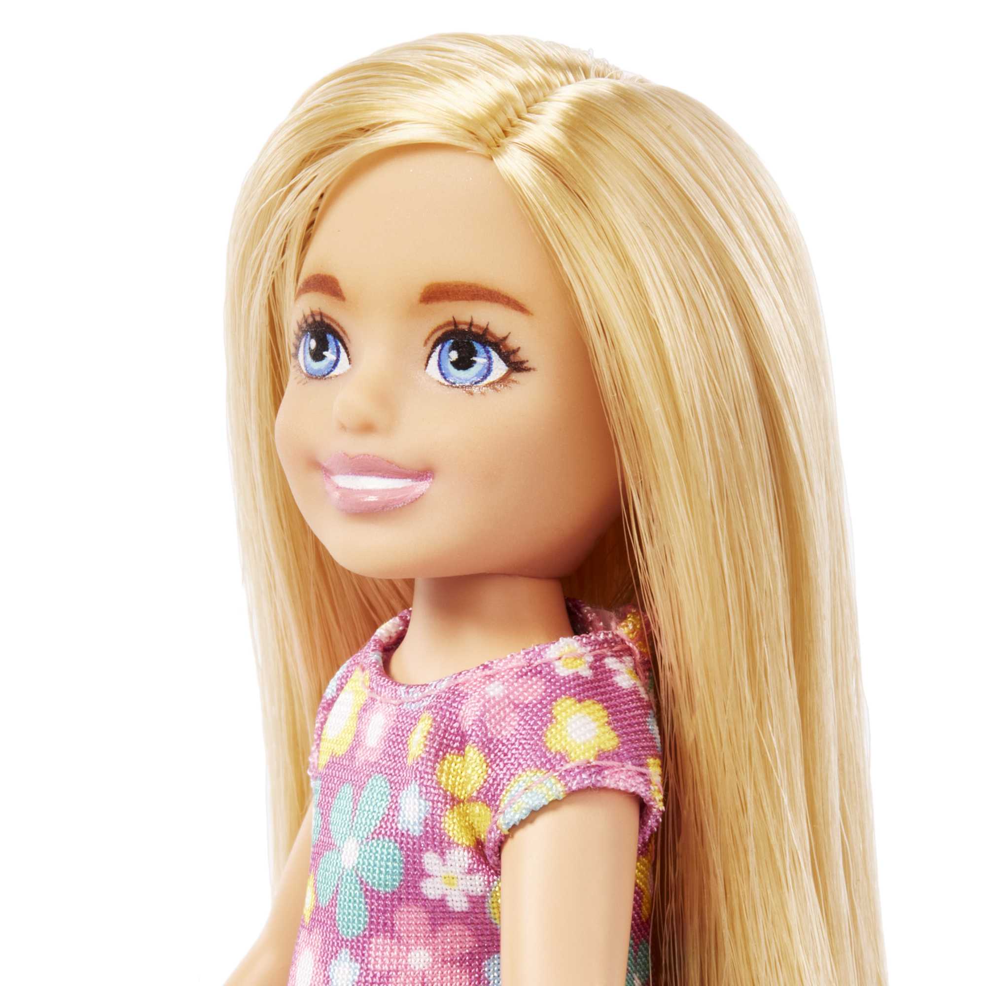 Barbie Chelsea Doll, Small Doll Wearing Purple Flowered Dress With Blond Hair & Blue Eyes