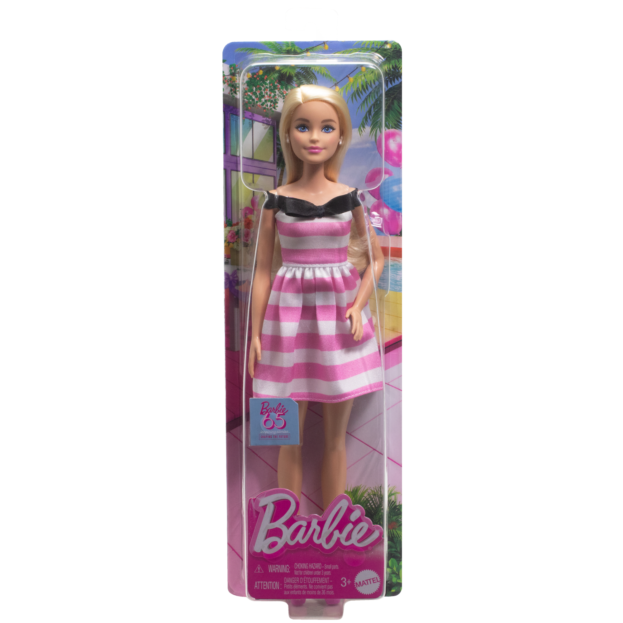 Barbie 65th Anniversary Fashion Doll With Blonde Hair, Pink Striped Dress And Accessories