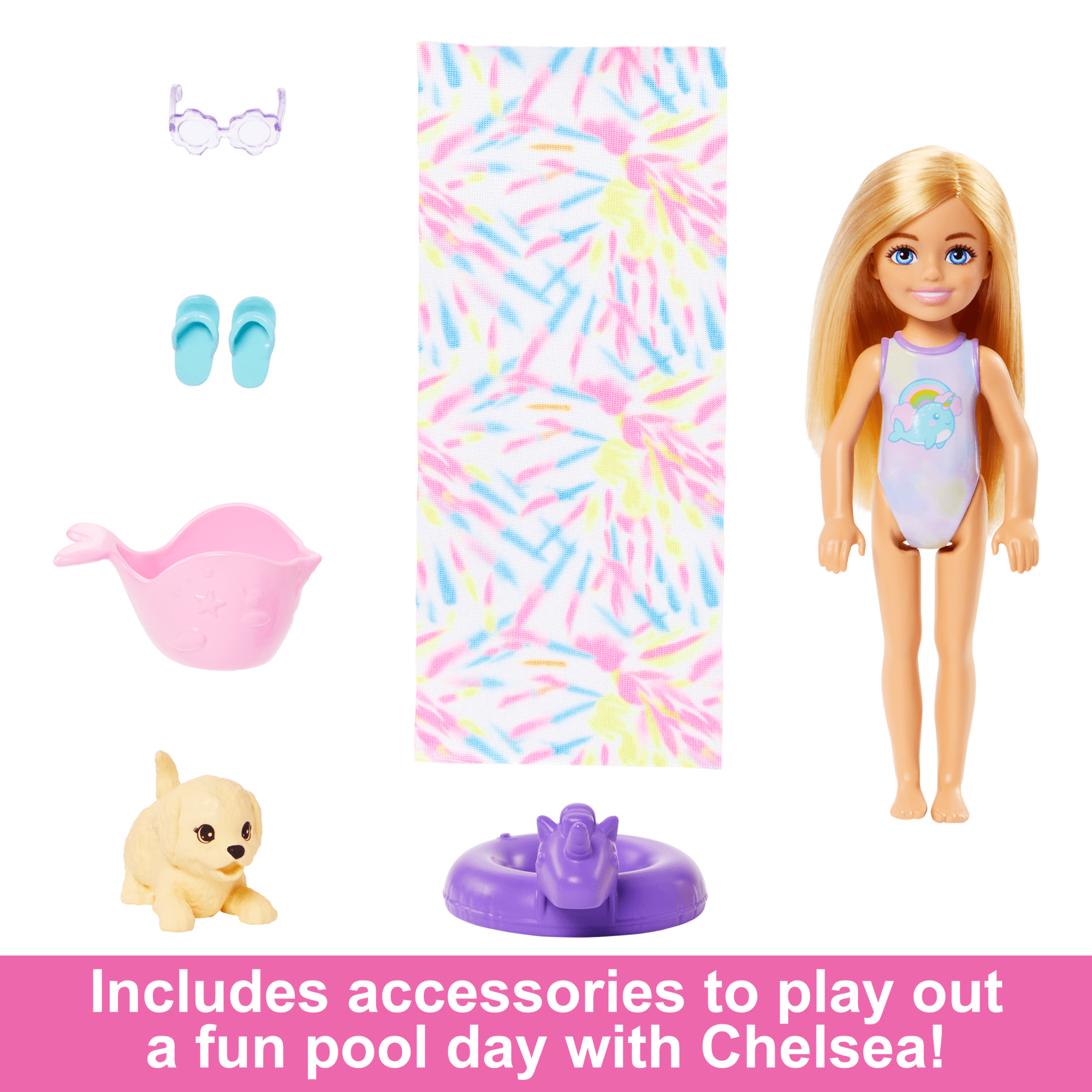 Barbie Chelsea Rainbow “Raining” Water Slide Toy Playset With Doll, Pup, & Accessories